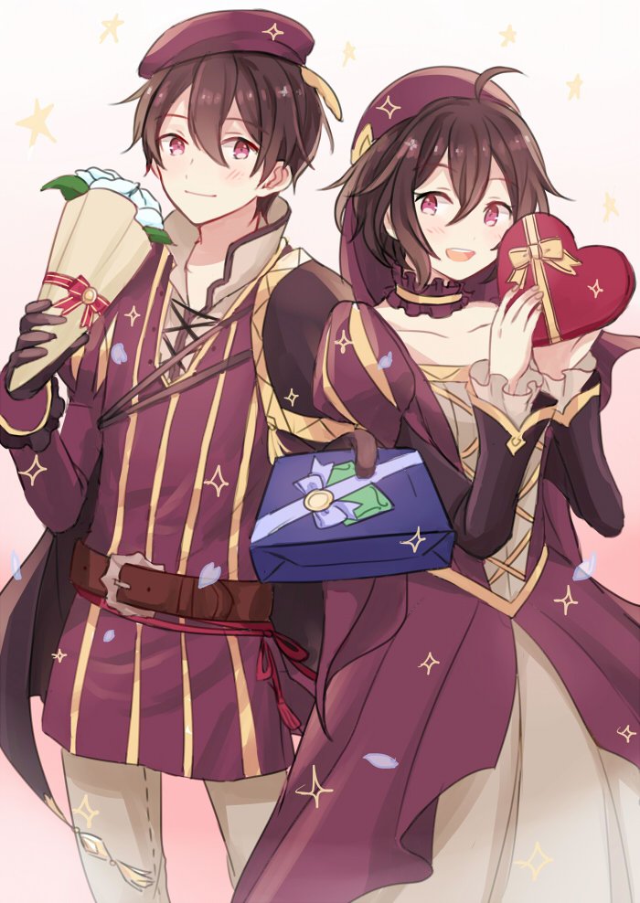 1boy 1girl ahoge belt black_hair box choker closed_mouth dinikee dress fire_emblem fire_emblem:_kakusei fire_emblem_heroes flower gift gift_box gloves hat juliet_sleeves long_sleeves mark_(female)_(fire_emblem) mark_(fire_emblem) mark_(male)_(fire_emblem) nintendo open_mouth outstretched_arm puffy_sleeves short_hair violet_eyes