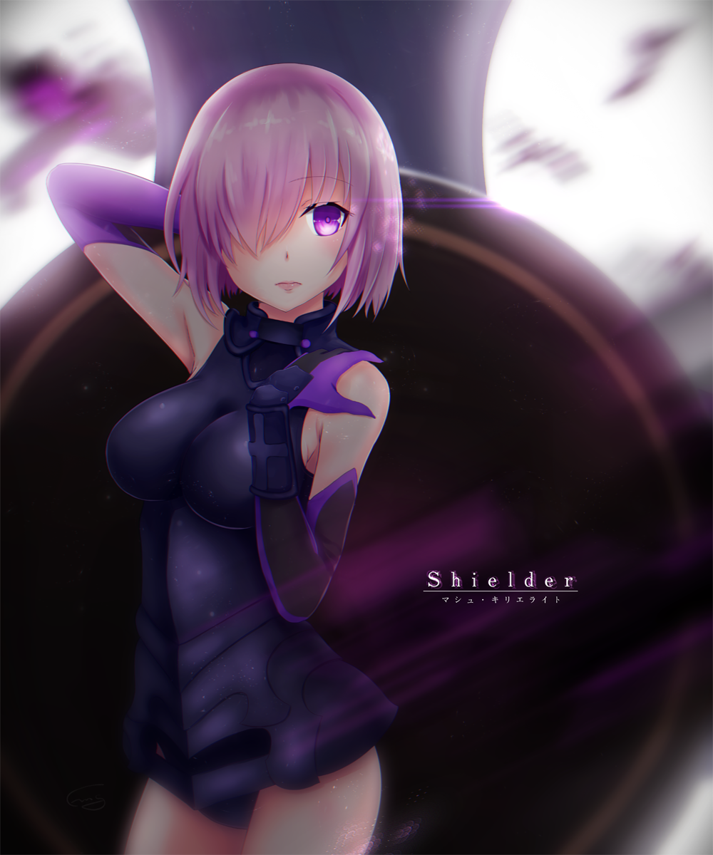 1girl bare_shoulders bodysuit breasts character_name elbow_gloves fate/grand_order fate_(series) fmg gloves hair_over_one_eye hand_on_own_shoulder highres large_breasts mash_kyrielight purple_hair solo violet_eyes