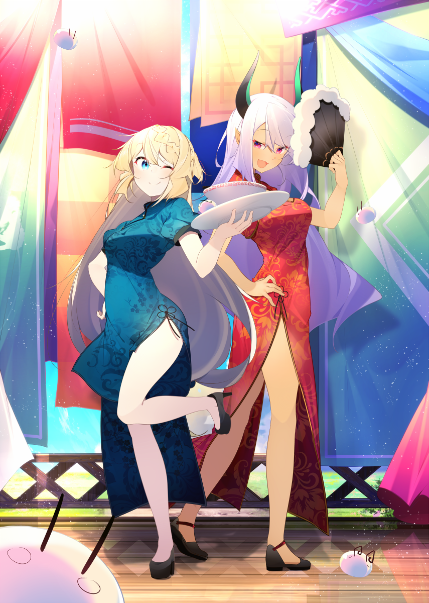 2girls :d ;) benio_(dontsugel) black_footwear blonde_hair blue_dress bowl braid breasts china_dress chinese_clothes copyright_request dress fan folding_fan high_heels highres horns indoors long_hair medium_breasts multiple_girls official_art one_eye_closed open_mouth pale_skin pointy_ears red_dress short_sleeves small_breasts smile standing standing_on_one_leg very_long_hair violet_eyes white_hair wooden_floor