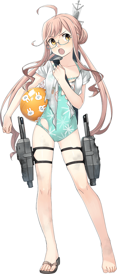 1girl ahoge aqua_swimsuit ball beachball blue-framed_eyewear blush casual_one-piece_swimsuit damaged fujikawa full_body glasses gun hair_bun kantai_collection long_hair looking_at_viewer machinery makigumo_(kantai_collection) official_art one-piece_swimsuit open_mouth pink_hair sandals semi-rimless_eyewear shirt short_sleeves single_sandal solo swimsuit torn_clothes torn_swimsuit torpedo torpedo_launcher torpedo_tubes transparent_background twintails under-rim_eyewear weapon white_shirt yellow_eyes