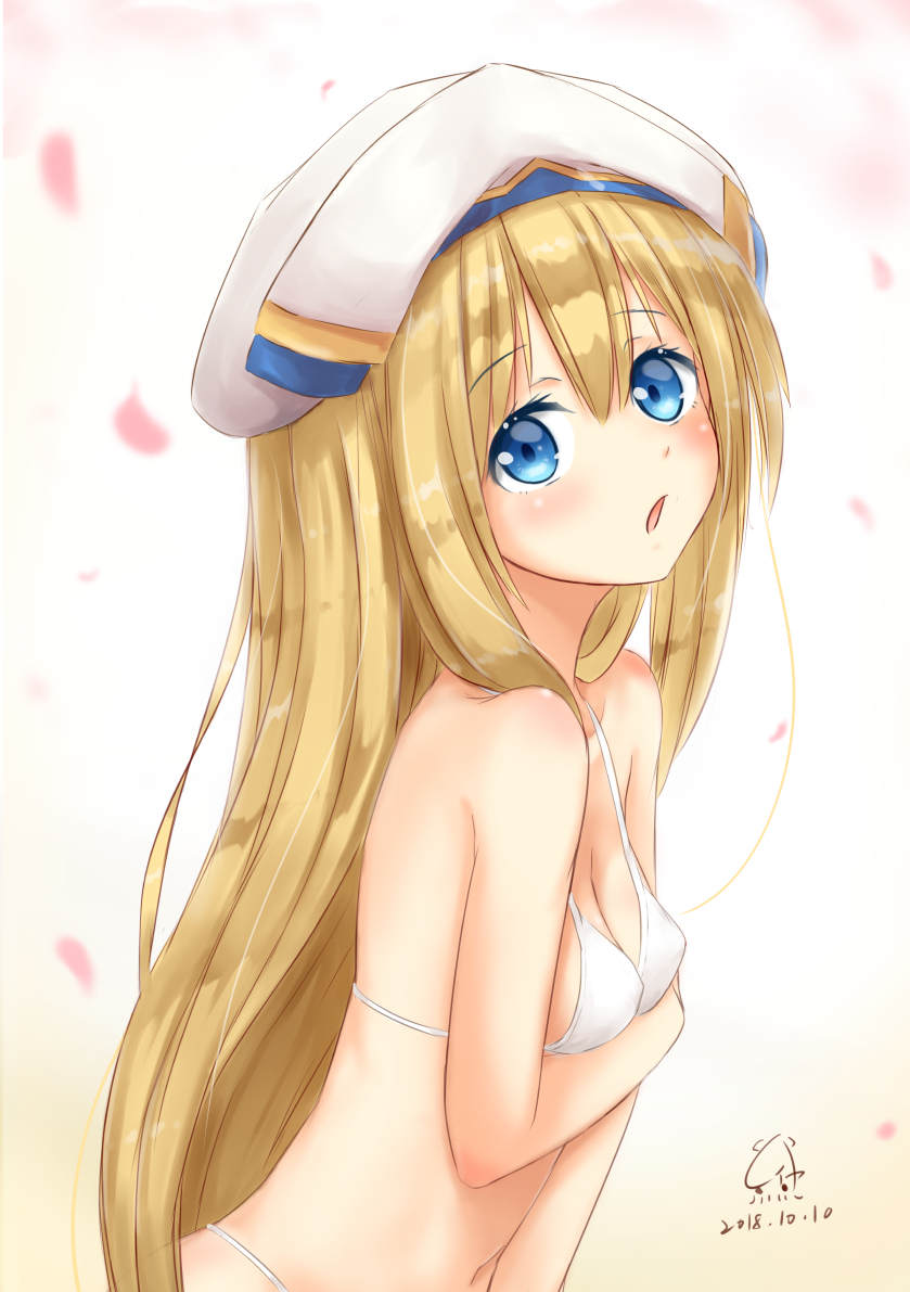 1girl bikini blonde_hair blue_eyes breasts cleavage from_side goblin_slayer! hat long_hair looking_at_viewer navel open_mouth priestess_(goblin_slayer!) reiya small_breasts solo swimsuit upper_body very_long_hair white_bikini white_bikini_top