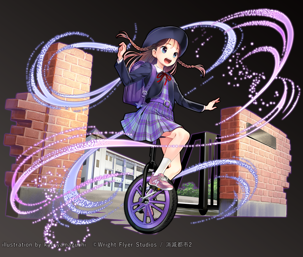 1girl artist_name black_background black_jacket blue_eyes braid brick_wall brown_hair full_body gate jacket kaekae long_hair official_art pink_footwear purple_backpack purple_skirt school shoes shoumetsu_toshi_2 skirt sneakers socks solo twin_braids unicycle watermark white_legwear