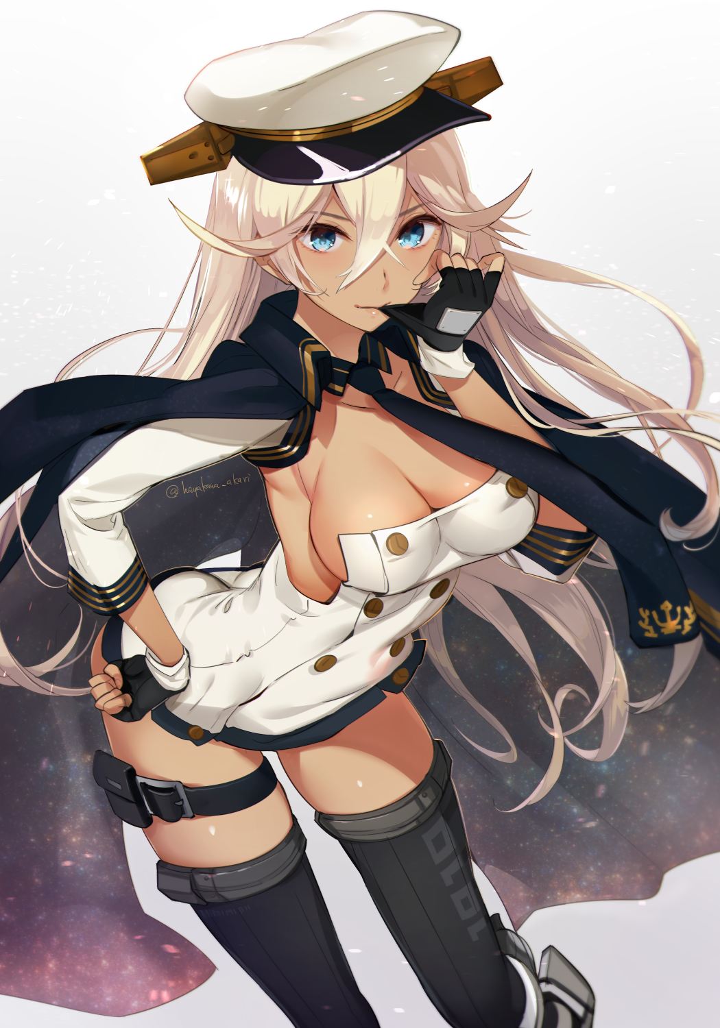 1girl arched_back ass azur_lane bangs black_gloves black_legwear blonde_hair blue_eyes breasts cape cleavage commentary_request dark_skin detached_collar detached_sleeves double-breasted dress fingerless_gloves gloves gold_trim gradient gradient_background hair_between_eyes hand_on_hip hat hayakawa_akari highres leaning_forward long_hair medium_breasts necktie short_dress sidelocks simple_background solo tennessee_(azur_lane) thigh-highs thigh_strap triple_horizontal_stripe very_long_hair white_dress