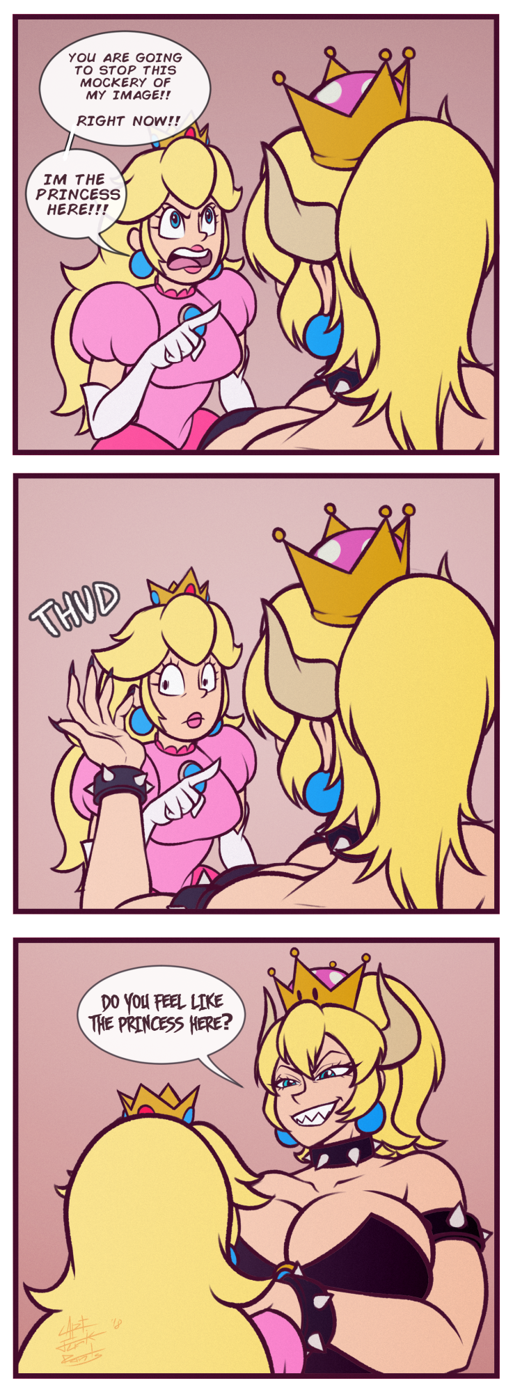 2girls 3koma angry armlet bare_shoulders batman_(series) black_nails blonde_hair blue_eyes bowser bowsette bracelet captain_jerkpants collar collarbone comic constricted_pupils crown dress earrings elbow_gloves english face-to-face fingernails genderswap genderswap_(mtf) gloves grin half-closed_eyes hand_on_another's_shoulder hand_up height_difference highres horns jewelry long_hair looking_at_another super_mario_bros. multiple_girls nail_polish new_super_mario_bros._u_deluxe nintendo open_mouth parody pink_dress pointing ponytail princess_peach puffy_short_sleeves puffy_sleeves sharp_fingernails sharp_teeth short_sleeves simple_background smile sound_effects spiked_armlet spiked_bracelet spiked_collar spikes strapless super_crown super_mario_bros. teeth the_dark_knight_rises upper_body wide-eyed