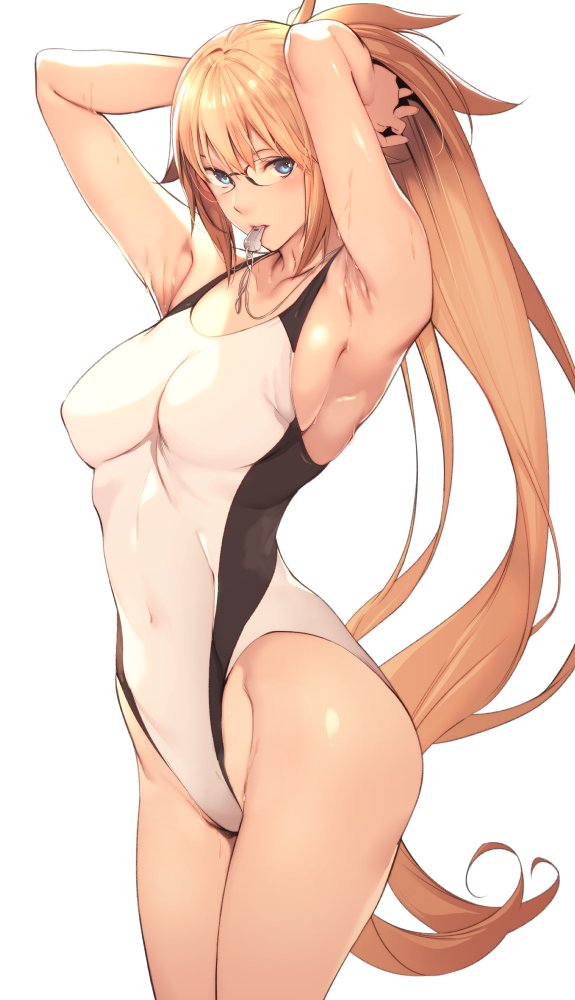 1girl armpits arms_behind_head arms_up bangs bare_shoulders black-framed_eyewear blonde_hair blue_eyes blush breasts collarbone competition_swimsuit covered_navel fate/grand_order fate_(series) glasses hair_between_eyes highleg highleg_swimsuit hips jeanne_d'arc_(fate)_(all) jeanne_d'arc_(swimsuit_archer) large_breasts long_hair looking_at_viewer mouth_hold nanao_(mahaya) one-piece_swimsuit ponytail simple_background solo swimsuit thighs very_long_hair waist white_background white_swimsuit