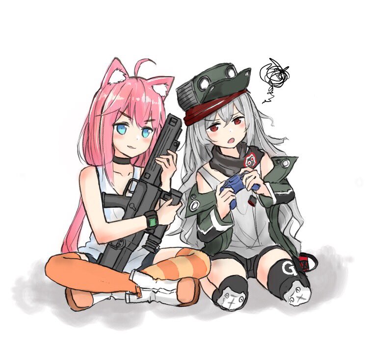 2girls ahoge animal_ears artist_request assault_rifle blue_hair cat_ears commentary_request controller g11 g11_(girls_frontline) girls_frontline grey_hair gun hinata_channel holding holding_weapon multiple_girls nekomiya_hinata pink_hair playing_games red_eyes rifle thigh-highs upset weapon