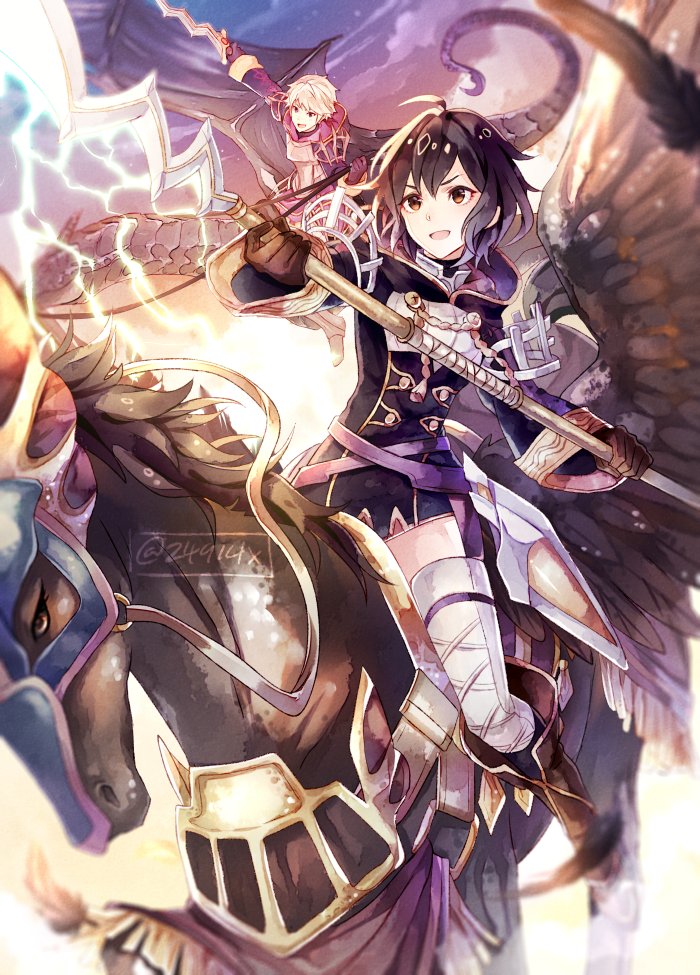 1boy 1girl armor black_hair boots brown_eyes brown_footwear brown_gloves clouds dragon dress father_and_daughter feathers fire_emblem fire_emblem:_kakusei fire_emblem_heroes gloves holding holding_lance holding_sword holding_weapon hood hood_down lance lightning long_sleeves male_my_unit_(fire_emblem:_kakusei) mark_(female)_(fire_emblem) mark_(fire_emblem) my_unit_(fire_emblem:_kakusei) nintendo open_mouth pegasus pegasus_knight polearm riding short_dress short_hair sky sword thigh-highs twitter_username weapon white_hair wyvern xin_(24914) zettai_ryouiki