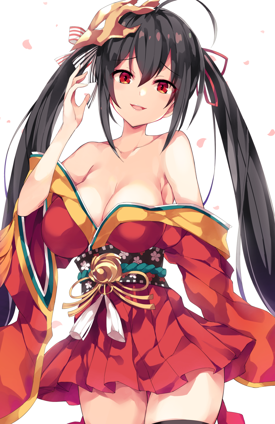 1girl :d ahoge azur_lane bangs bare_shoulders black_hair black_legwear blush bow breasts cleavage collarbone commentary_request eyebrows_visible_through_hair fingernails hair_between_eyes hair_ribbon hand_up head_tilt highres japanese_clothes kimono large_breasts long_hair mask mask_on_head obi off_shoulder open_mouth petals pleated_skirt red_eyes red_kimono red_ribbon red_skirt ribbon sash simple_background skirt smile solo striped striped_bow taihou_(azur_lane) thigh-highs twintails unacchi_(nyusankin) upper_teeth very_long_hair white_background white_bow