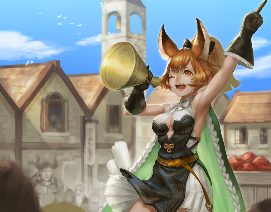 1girl animal_ears bare_shoulders bell blue_sky breasts brown_eyes brown_hair capelet church church_bell cleavage cleavage_cutout cloak clouds erune fang gloves granblue_fantasy high_ponytail la_coiffe_(granblue_fantasy) medium_breasts one_eye_closed scotishfold sky solo_focus steeple