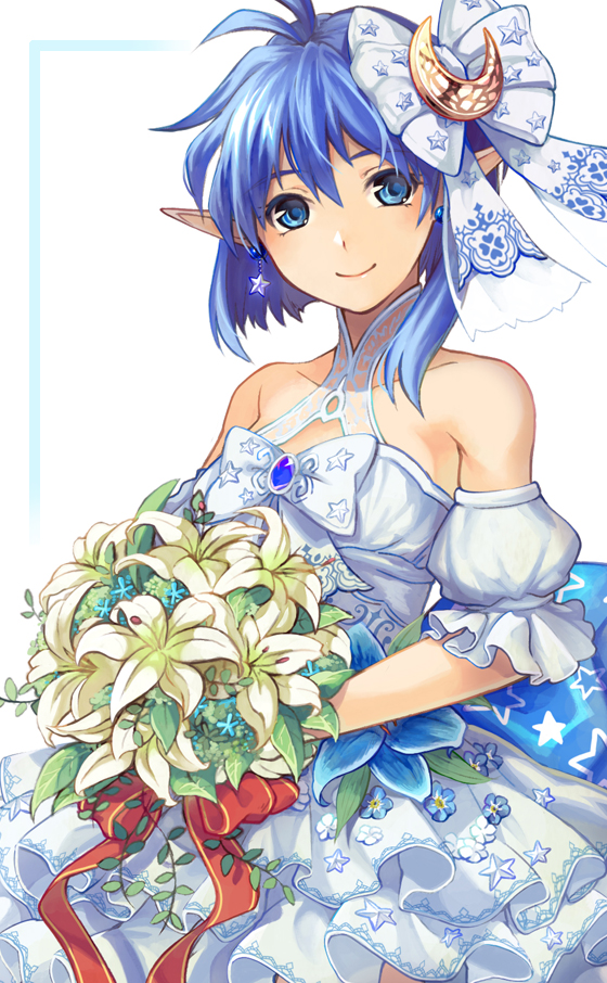 1girl antenna_hair asymmetrical_hair bangs bare_shoulders blue_eyes blue_hair bouquet brown_eyes brown_hair closed_mouth crescent crescent_hair_ornament detached_sleeves dress earrings flower hair_between_eyes hair_ornament holding holding_bouquet jewelry lily_(flower) mzkk_1826 pointy_ears puffy_short_sleeves puffy_sleeves rena_lanford short_hair short_sleeves smile solo star star_earrings star_ocean star_ocean_anamnesis star_ocean_the_second_story wedding_dress white_dress white_flower