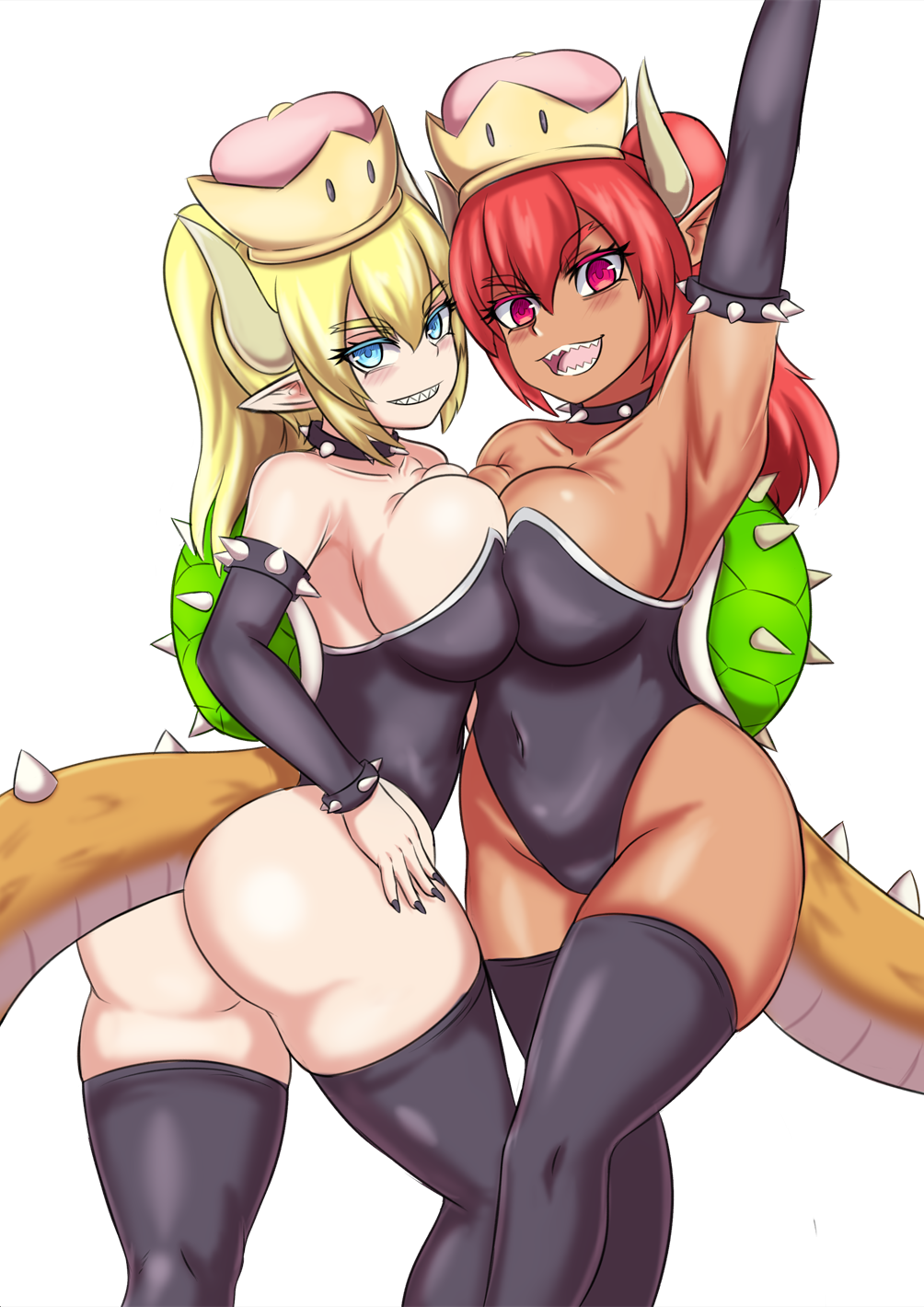 2girls :d arm_up armpits ass bare_shoulders black_legwear black_nails blonde_hair blue_eyes bowsette breast_press breasts collar commentary covered_navel crown dark_skin detached_sleeves dual_persona eyebrows_visible_through_hair eyes_visible_through_hair genderswap genderswap_(mtf) grin highres horns huge_breasts leotard looking_at_viewer super_mario_bros. multiple_girls nail_polish nav new_super_mario_bros._u_deluxe nintendo open_mouth pink_eyes pointy_ears ponytail redhead sharp_teeth simple_background smile spiked_collar spiked_tail spikes super_crown symmetrical_docking tail teeth thick_eyebrows thigh-highs turtle_shell white_background