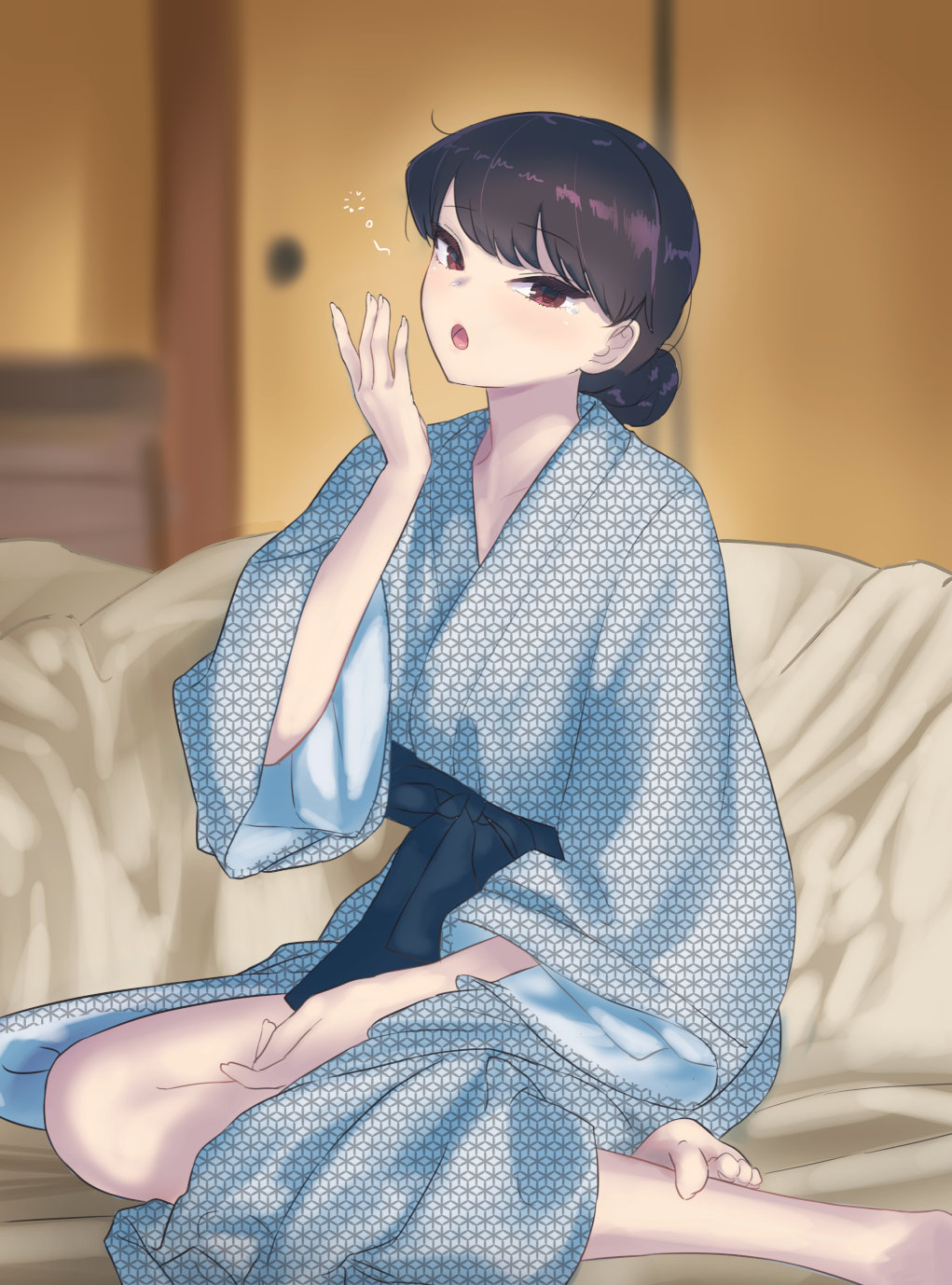 1girl alternate_hairstyle bangs barefoot blurry blurry_background brown_eyes commentary_request depth_of_field eyebrows_visible_through_hair feet hair_bun hand_to_own_mouth hand_up highres indoors japanese_clothes kimono komi-san_wa_komyushou_desu komi_shouko looking_at_viewer open_mouth print_kimono sash solo takita_(takita3411) tearing_up unmoving_pattern wide_sleeves yawning