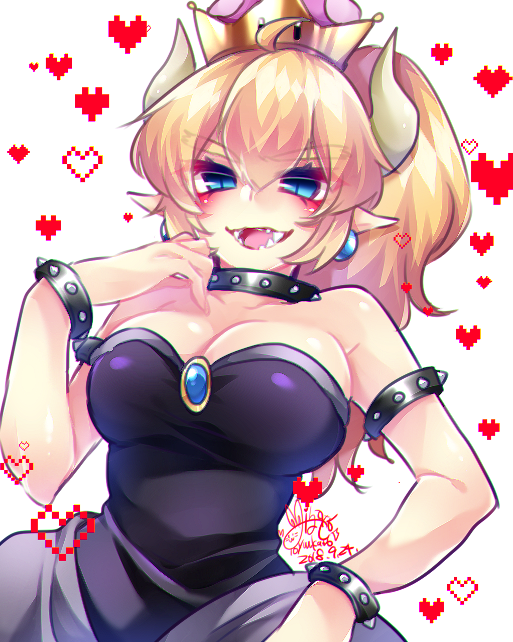 1girl bare_shoulders black_dress blonde_hair blue_eyes blush borrowed_design bowser bowsette bracelet breasts brooch cleavage collar crown dated dress earrings eyebrows_visible_through_hair fangs gem genderswap genderswap_(mtf) hair_between_eyes hand_up heart highres horns jewelry kashiwagi_minato large_breasts looking_at_viewer super_mario_bros. new_super_mario_bros._u_deluxe nintendo pointy_ears signature slit_eyes smile spiked_armlet spiked_bracelet spiked_collar spikes standing super_crown teeth thick_eyebrows upper_body white_background