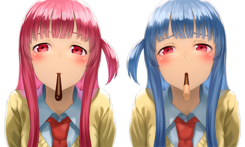 2girls bangs blue_hair blush cardigan collared_shirt food food_in_mouth kotonoha_akane kotonoha_aoi kurione_(zassou) looking_at_viewer mouth_hold multiple_girls necktie one_side_up pink_hair pocky red_eyes red_neckwear shirt siblings simple_background sisters straight_hair upper_body voiceroid white_background white_shirt yellow_cardigan