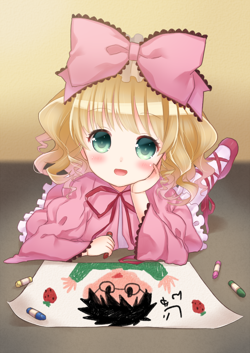 1girl :d bangs blonde_hair blush bow child_drawing crayon doll_joints dress eyebrows_visible_through_hair food frilled_dress frills fruit green_eyes hair_bow hina_ichigo juliet_sleeves long_hair long_sleeves looking_at_viewer lying masuishi_kinoto on_stomach open_mouth pantyhose pink_bow pink_dress pink_legwear puffy_sleeves red_footwear rozen_maiden see-through shoes smile solo strawberry very_long_hair wide_sleeves