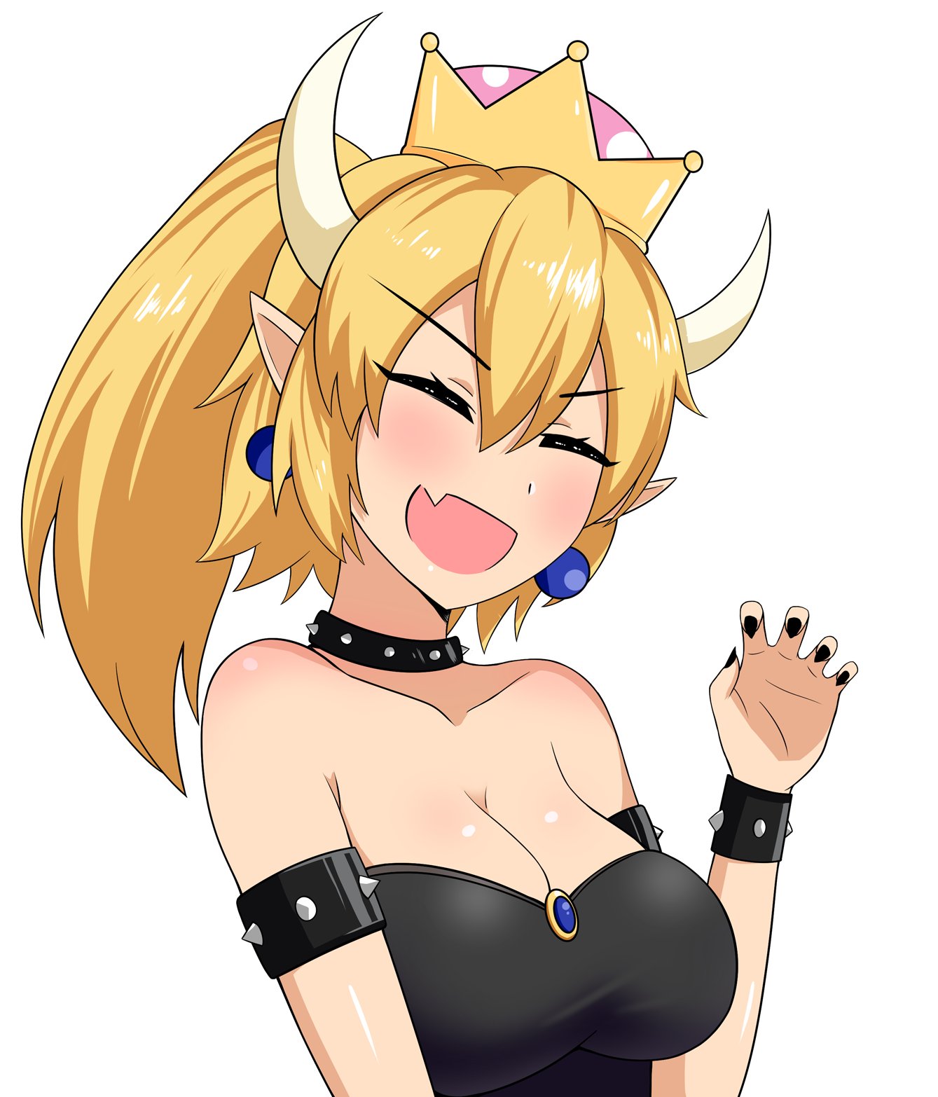 1girl blonde_hair blue_eyes blush bowser bowsette breasts cleavage closed_eyes crown dress earrings fang highres jewelry large_breasts super_mario_bros. nail_polish new_super_mario_bros._u_deluxe nintendo open_mouth pointing pointy_ears ponytail simple_background smile solo spiked strapless strapless_dress super_mario the_only_shoe white_background wide-eyed