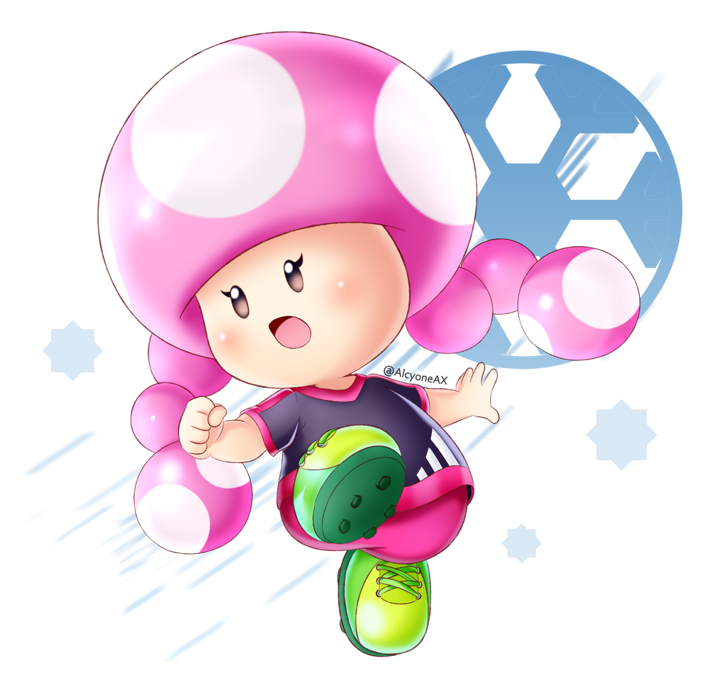 1girl :o alcyone_(cyclone_gx) artist_name ball black_eyes blush cleats clenched_hand full_body green_footwear super_mario_bros. nintendo pink_hair simple_background soccer_ball soccer_uniform solo sportswear super_mario_bros. super_mario_strikers toadette white_background