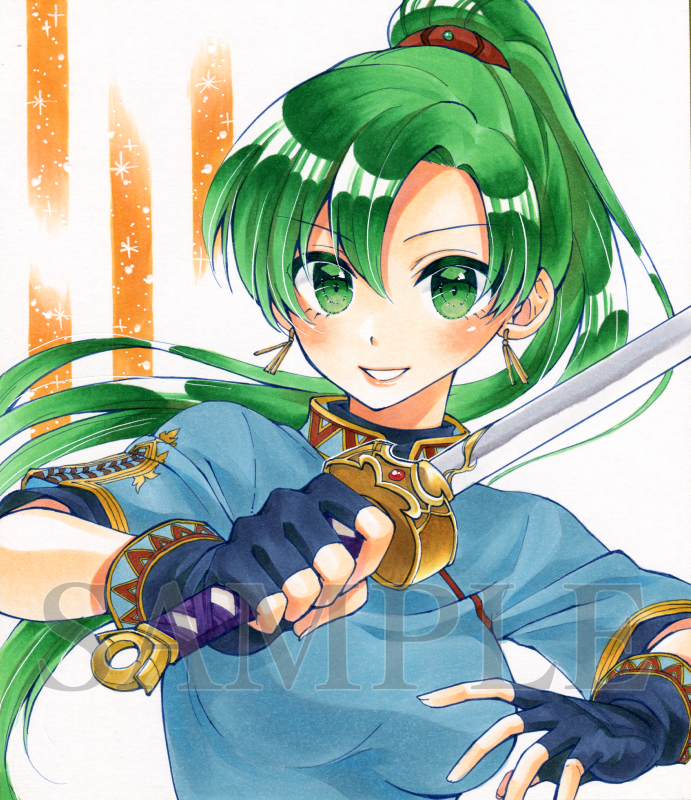 1girl black_gloves blue_dress breasts dress earrings fingerless_gloves fire_emblem fire_emblem:_rekka_no_ken gloves green_eyes green_hair jewelry katana long_hair looking_at_viewer lyndis_(fire_emblem) medium_breasts nintendo parune_chigetsu ponytail sample short_sleeves smile solo sword upper_body weapon