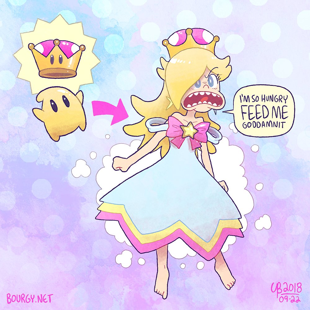 1girl :o bare_shoulders barefoot blonde_hair blue_dress blue_eyes chiko_(mario) clenched_hand crown dated dress earrings english full_body jewelry looking_at_viewer super_mario_bros. mike_kachow new_super_mario_bros._u_deluxe nintendo simple_background speech_bubble star super_crown super_mario_galaxy teeth tongue watermark web_address