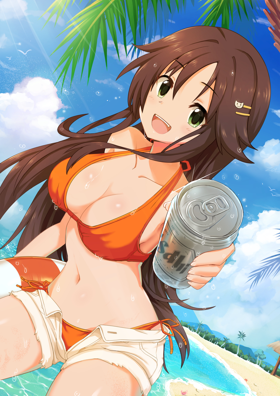 1girl :d beach bikini bird blue_sky breasts brown_hair can cat_hair_ornament cleavage clouds collarbone day dutch_angle eyebrows_visible_through_hair floating_hair green_eyes hair_between_eyes hair_ornament halterneck highres himekawa_yuki holding holding_can idolmaster idolmaster_cinderella_girls idolmaster_cinderella_girls_starlight_stage innertube long_hair looking_at_viewer medium_breasts navel open_clothes open_mouth open_shorts orange_bikini outdoors palm_tree short_shorts shorts side-tie_bikini sky smile sollyz solo sunlight swimsuit tree very_long_hair white_shorts