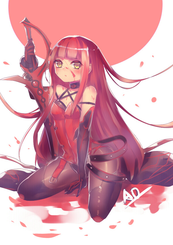 1girl bare_shoulders blood blood_on_face blood_splatter crimson_avenger_(elsword) elesis_(elsword) elsword holding holding_weapon long_hair redhead sitting sword utm weapon yellow_eyes