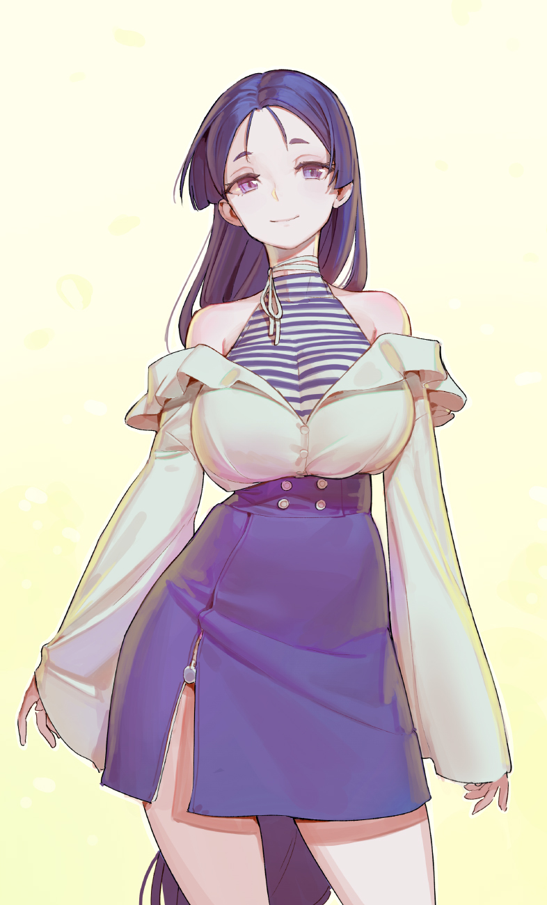 1girl arms_at_sides bangs bare_shoulders blouse breasts buttons choker closed_mouth contrapposto cowboy_shot fate/grand_order fate_(series) gradient gradient_background hair_between_eyes halterneck high-waist_skirt highres hips large_breasts long_hair long_sleeves looking_at_viewer minamoto_no_raikou_(fate/grand_order) off_shoulder parted_bangs purple_hair purple_skirt ribbon_choker shirt side_slit simple_background skirt sleeves_past_wrists smile solo striped striped_shirt thighs tim_loechner turtleneck undershirt very_long_hair violet_eyes wide_sleeves