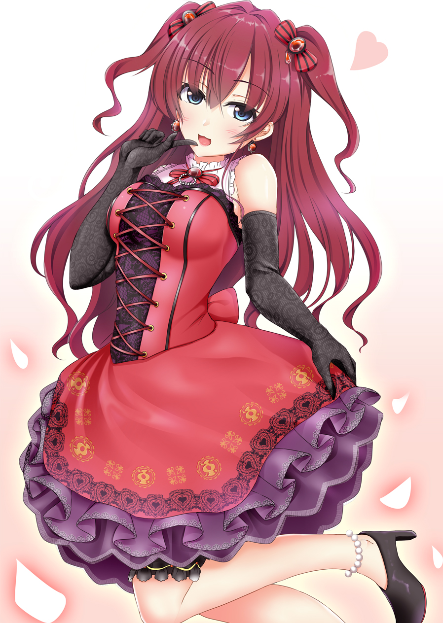 :3 anklet bare_shoulders black_footwear black_gloves blue_eyes blush breasts dress earrings elbow_gloves eyebrows_visible_through_hair finger_to_mouth frills gloves gothic_lolita hair_between_eyes heart high_heels highres ichinose_shiki idolmaster idolmaster_cinderella_girls idolmaster_cinderella_girls_starlight_stage jewelry lace lace_gloves lolita_fashion long_hair medium_breasts red_dress short_twintails smile twintails yuu_(oosakazaijyuu)