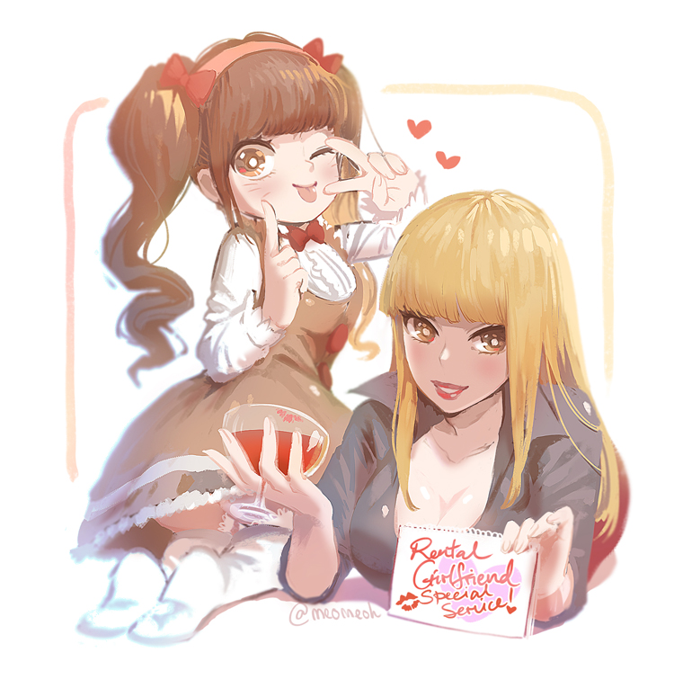 2girls ;p bangs blonde_hair blunt_bangs bow breasts brown_hair chibimi chibita cleavage commentary_request cup cupping_glass drinking_glass english hair_bow hairband iyami iyayo lace lace-trimmed_thighhighs large_breasts lipstick looking_back makeup meoon multiple_girls no_shoes one_eye_closed osomatsu-san outside_border rounded_corners signature simple_background smile socks thigh-highs tongue tongue_out twintails twitter_username v whiskers white_background wine_glass