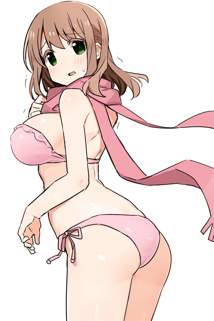 1girl ass bikini breasts brown_hair cowboy_shot green_eyes large_breasts looking_at_viewer matsumi_yuu medium_hair pink_bikini pink_scarf saki saki_achiga-hen scarf shisoneri side-tie_bikini simple_background solo swimsuit white_background