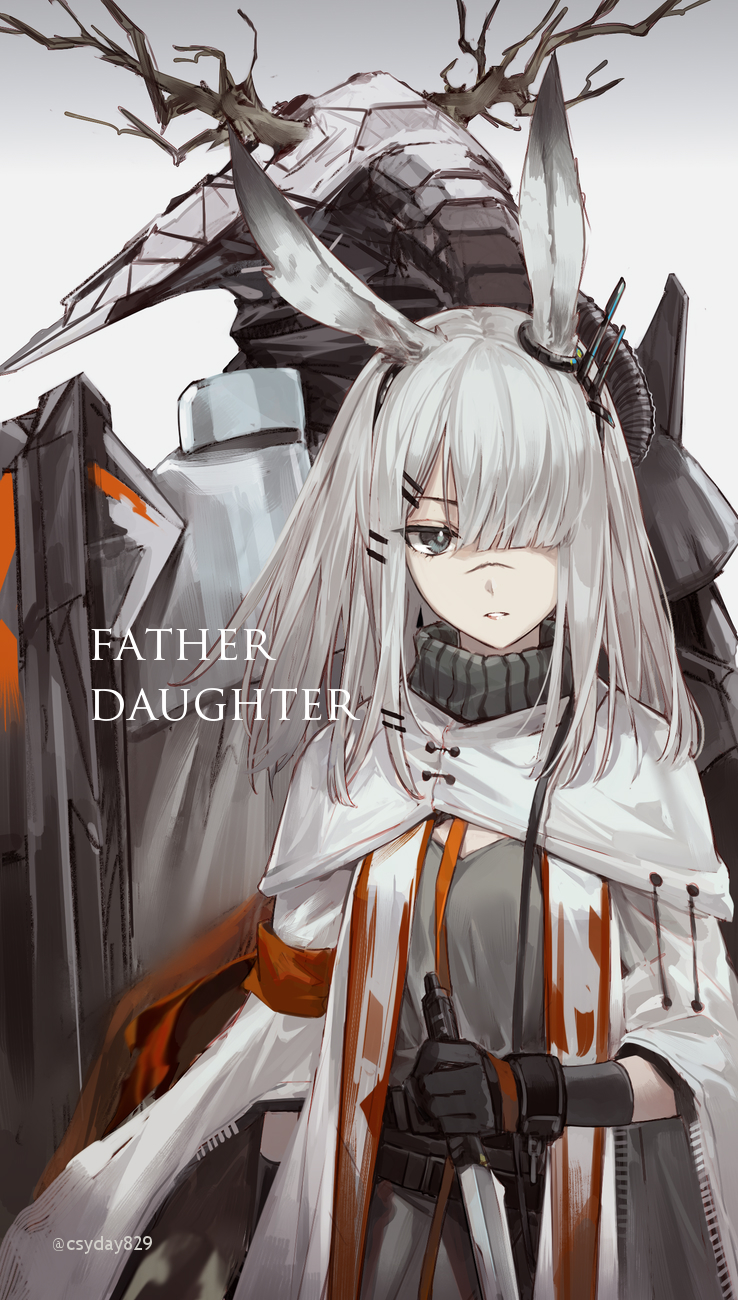 1boy 1girl animal_ear_fluff animal_ears antlers arknights armor back-to-back bangs black_gloves cloak coat commentary csyday deer_antlers deer_skull facial_scar father_and_daughter frostnova_(arknights) gloves gradient gradient_background grey_eyes grey_shirt hair_ornament hair_over_one_eye hairclip helmet highres holding holding_weapon knife medium_hair nose_scar parted_lips patriot_(arknights) power_armor red_armband reverse_grip scar shield shirt silver_hair turtleneck twitter_username upper_body weapon white_cloak white_coat