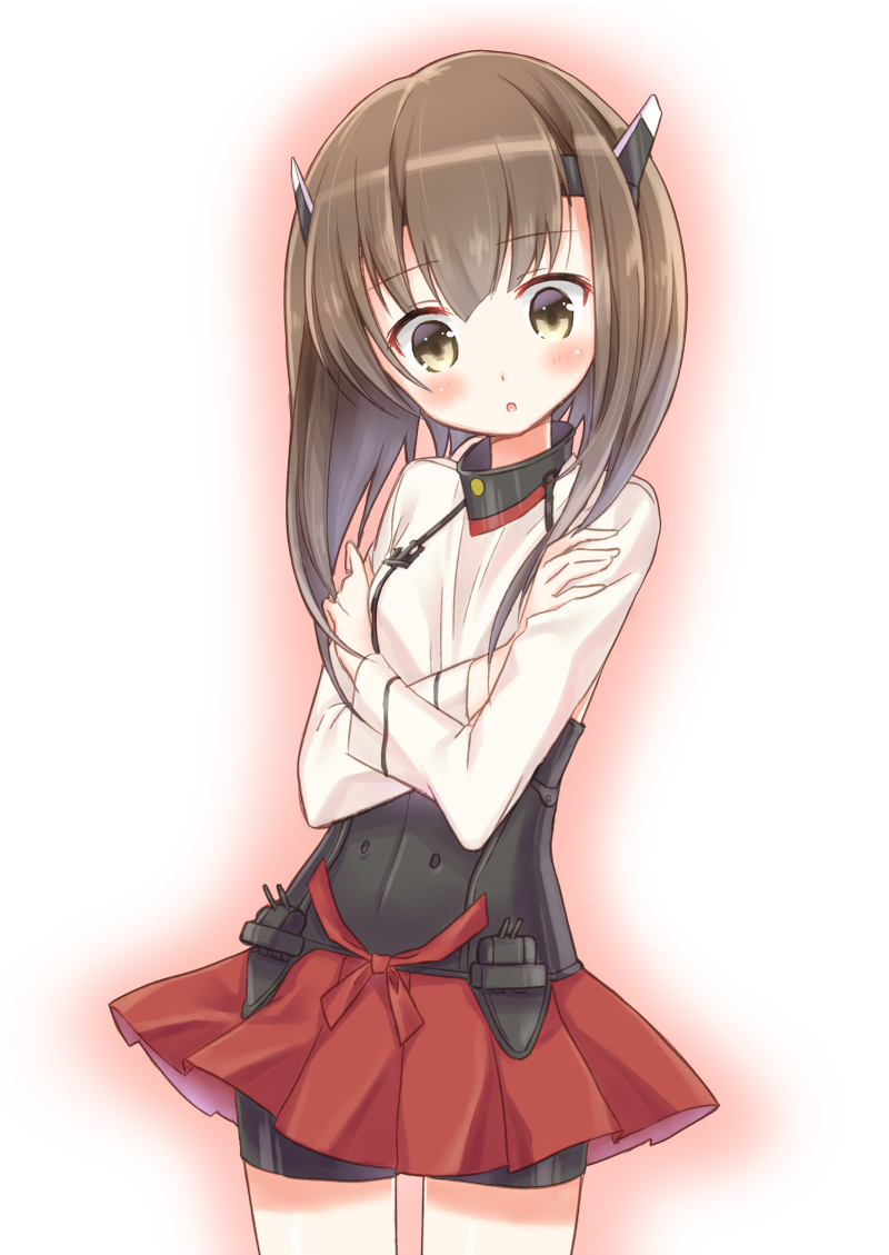 1girl :o bangs bike_shorts black_shorts blush breasts brown_eyes brown_hair crossed_arms eyebrows_visible_through_hair hair_between_eyes head_tilt headgear kantai_collection long_hair long_sleeves looking_at_viewer masuishi_kinoto parted_lips pleated_skirt red_skirt shirt short_shorts shorts skirt small_breasts solo taihou_(kantai_collection) white_background white_shirt