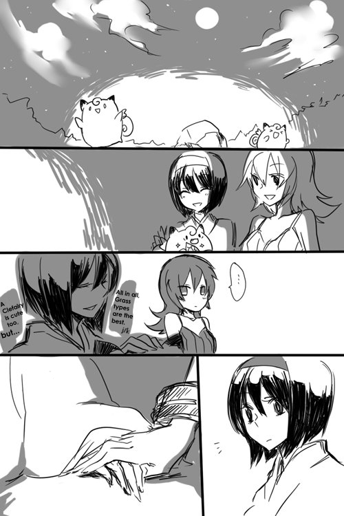 ... 2girls artist_request bare_shoulders blush clefairy closed_eyes clouds comic creatures_(company) english erika_(pokemon) full_moon game_freak gen_1_pokemon greyscale hair_between_eyes hairband hard_translated holding_hand japanese_clothes kimono long_hair looking_at_another monochrome moon multiple_girls natsume_(pokemon) night night_sky nintendo pokemon pokemon_(creature) pokemon_(game) pokemon_hgss short_hair sketch sky source_request sparkle spoken_ellipsis star_(sky) yuri