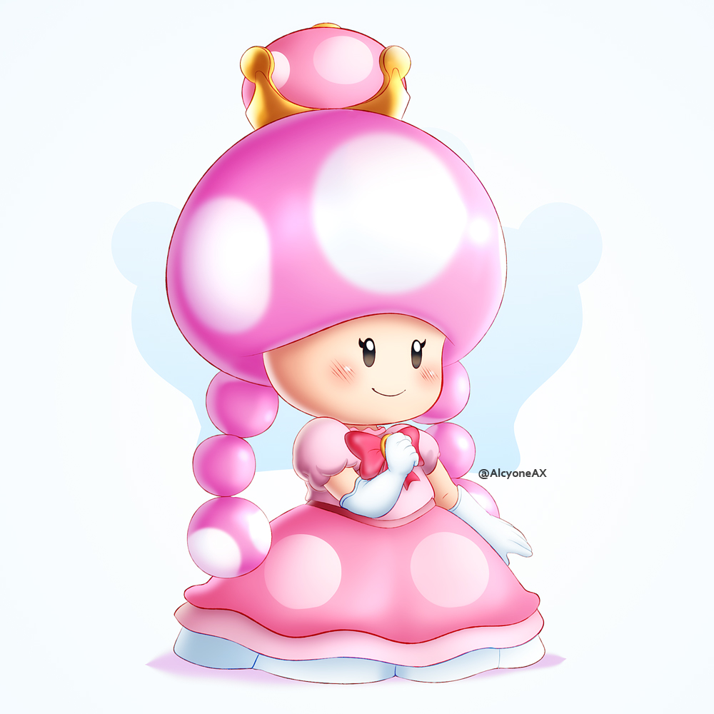 1girl alcyone_(cyclone_gx) black_eyes blue_background blush bow clenched_hand crown dress elbow_gloves full_body gloves hnad_up super_mario_bros. new_super_mario_bros._u_deluxe nintendo pink_bow pink_dress pink_hair puffy_short_sleeves puffy_sleeves short_sleeves smile solo standing super_mario_bros. toadette twitter_username