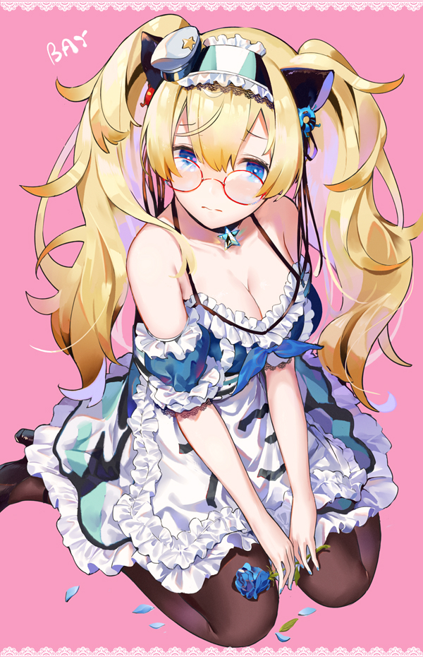 1girl alternate_costume apron bangs black_footwear blonde_hair blue_eyes blue_flower blue_rose blush border breasts brown_legwear character_name choker cleavage collarbone detached_sleeves dress enemy_lifebuoy_(kantai_collection) enmaided eyebrows_visible_through_hair flower frilled_dress frills frown gambier_bay_(kantai_collection) glasses hair_between_eyes hairband hat head_tilt headdress high_heels holding holding_flower kantai_collection large_breasts long_hair looking_at_viewer maid maid_apron maid_headdress messy_hair mini_hat pantyhose petals pink_background puffy_sleeves red-framed_eyewear rose round_eyewear sidelocks simple_background sitting solo star star_choker twintails wariza yamano_(yamanoh)