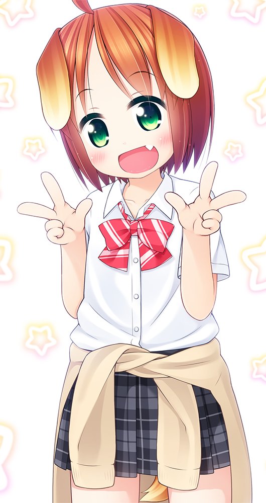 1girl :d ahoge animal_ears bangs blush bow brown_cardigan brown_hair cardigan_around_waist clothes_around_waist collared_shirt commentary_request cowboy_shot diagonal_stripes dog_ears dog_girl dog_tail double_w dress_shirt eyebrows_visible_through_hair fang green_eyes grey_skirt hands_up head_tilt inuarashi looking_at_viewer meiko_(inuarashi) open_mouth original plaid plaid_skirt pleated_skirt red_bow shirt short_hair skirt smile solo standing star starry_background striped striped_bow tail w white_background white_shirt