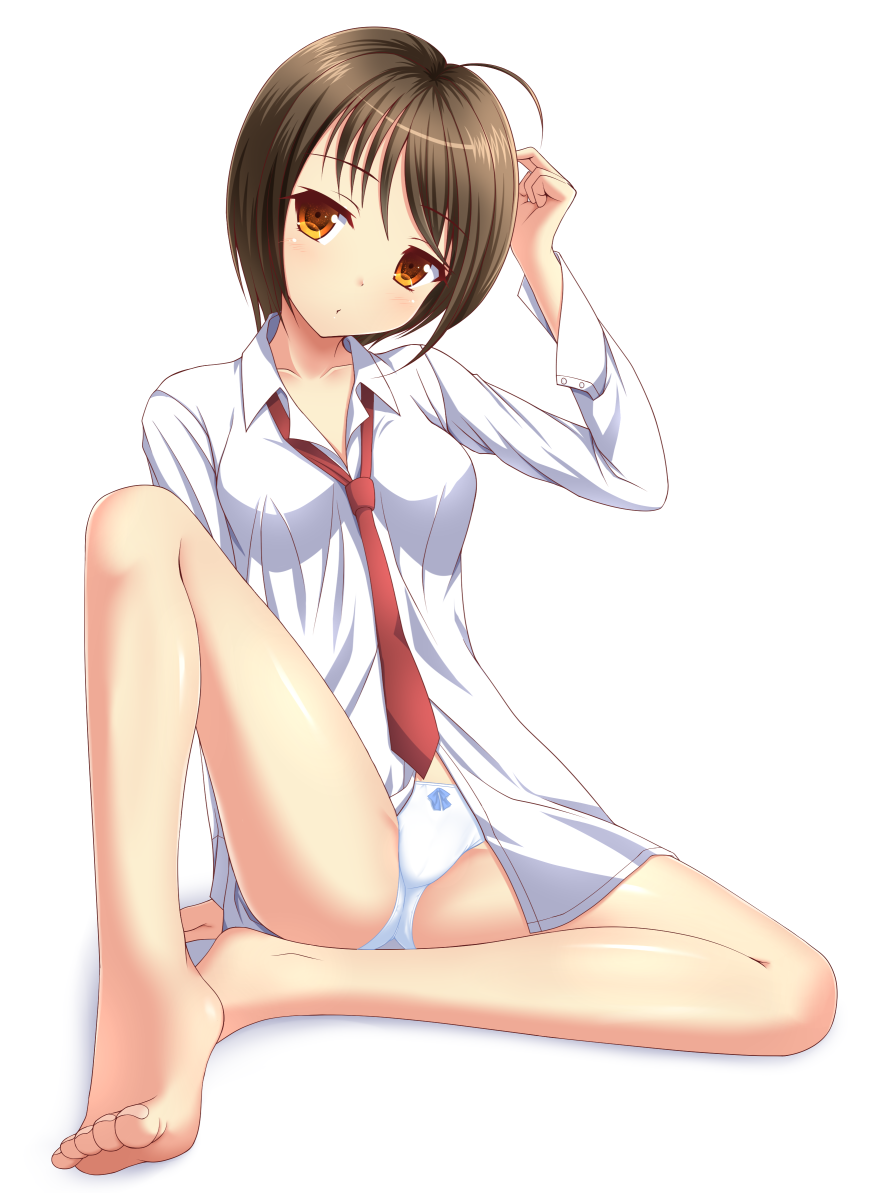 1girl ahoge arm_up bangs bare_legs barefoot bow bow_panties breasts brown_eyes brown_hair collared_shirt commentary_request eyebrows_visible_through_hair full_body head_tilt ki_(kk-sk-ray) long_sleeves medium_breasts necktie no_pants original panties red_neckwear shirt sitting solo underwear white_background white_panties white_shirt