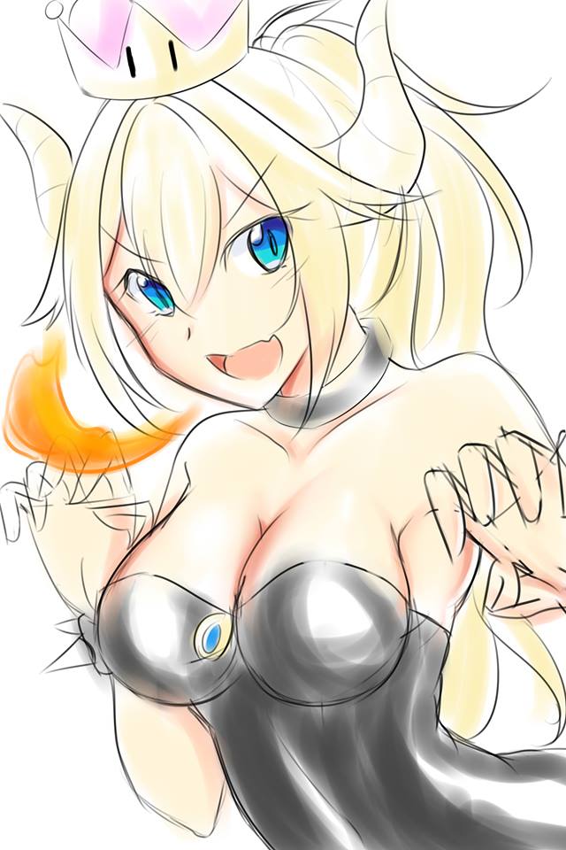 bare_shoulders black_dress blonde_hair blue_eyes bowsette collar crown dress super_mario_bros. mashiro_yozakura new_super_mario_bros._u_deluxe nintendo simple_background sketch solo strapless strapless_dress super_crown white_background