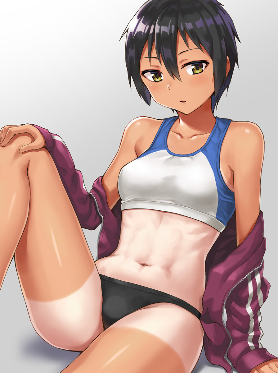 1girl abs arm_support black_hair commentary hand_on_own_knee hashi highres jacket leg_up navel off_shoulder original short_hair simple_background sitting solo tan tank_top tanline tomboy track_jacket yellow_eyes