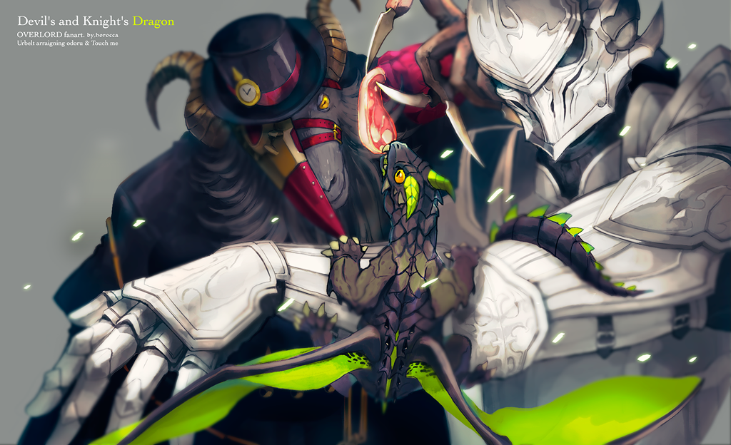 2boys animal_head armor artist_name black_hat blurry blurry_background character_name copyright_name depth_of_field dragon full_armor gauntlets goat grey_background hat helm helmet horns horocca multiple_boys overlord_(maruyama) smile stopwatch top_hat touch_me ulbert_alain_odle watch