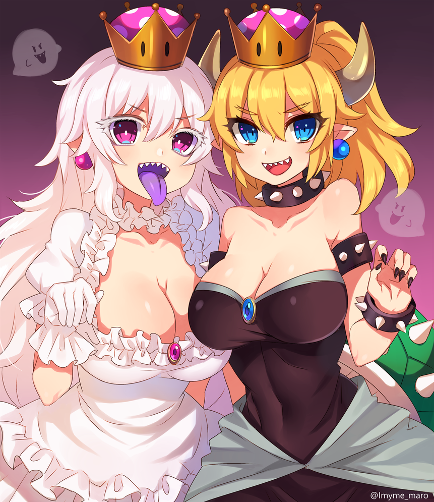 2girls bare_shoulders black_nails blonde_hair blue_eyes boo bowsette bracelet breasts cleavage collar collarbone commentary_request covered_navel crown dress earrings eyebrows_visible_through_hair genderswap genderswap_(mtf) gloves gradient gradient_background horns jewelry large_breasts long_hair looking_at_viewer luigi's_mansion super_mario_bros. maro_futo multiple_girls nail_polish new_super_mario_bros._u_deluxe nintendo open_mouth pink_eyes pointy_ears ponytail princess_king_boo purple_background sharp_teeth short_hair smile spiked_armlet spiked_bracelet spiked_collar spikes super_crown super_mario_bros. teeth tongue tongue_out twitter_username white_dress white_gloves white_hair