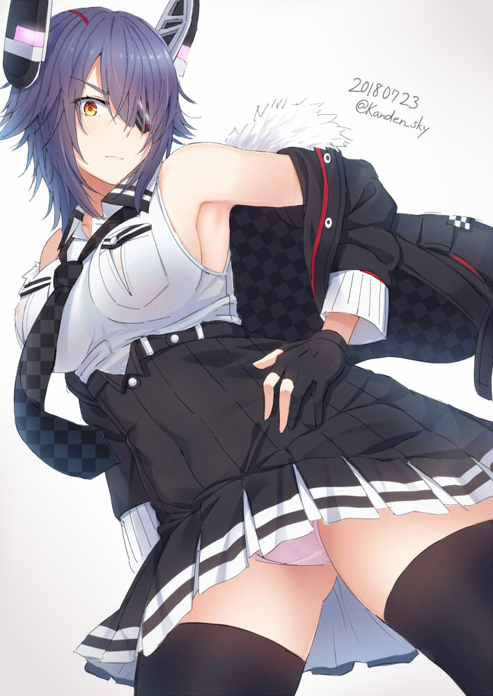 1girl armpits bare_shoulders black_gloves breasts checkered checkered_neckwear commentary_request dated eyebrows_visible_through_hair eyepatch fur_collar gloves hair_ornament hair_over_one_eye hairclip hand_on_hip headgear kanden_suki kantai_collection looking_at_viewer necktie panties pantyshot pantyshot_(standing) partly_fingerless_gloves plaid plaid_skirt purple_hair short_hair skirt sleeveless solo standing tenryuu_(kantai_collection) thigh-highs twitter_username underwear unmoving_pattern white_panties yellow_eyes