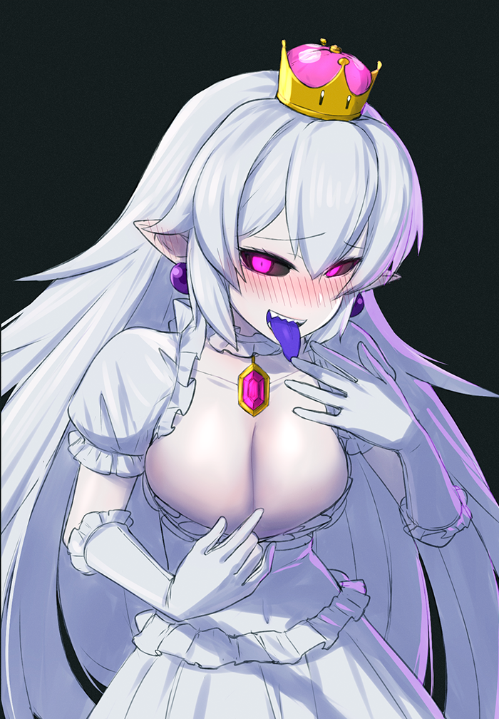 1girl black_background black_sclera blue_tongue blush breasts cleavage crown dress_pull earrings eyebrows_visible_through_hair frilled_collar gem gloves glowing glowing_eyes hand_up iwahana jewelry large_breasts long_hair looking_at_viewer luigi's_mansion super_mario_bros. new_super_mario_bros._u_deluxe nintendo nose_blush pink_eyes pointy_ears princess_king_boo puffy_short_sleeves puffy_sleeves sharp_teeth short_sleeves silver_hair simple_background smile solo super_crown super_mario_bros. teeth tongue tongue_out upper_body very_long_hair white_gloves
