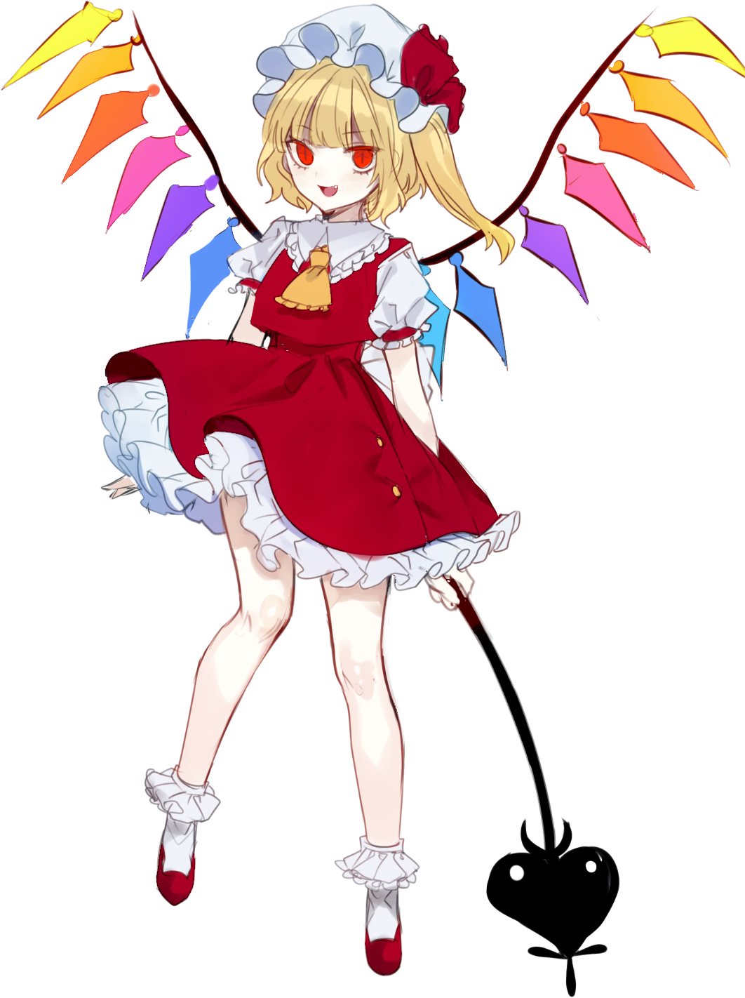 1girl :d ascot bangs bare_legs blonde_hair bobby_socks commentary crystal daimaou_ruaeru eyebrows_visible_through_hair fang flandre_scarlet frilled_shirt_collar frills hat hat_ribbon highres holding laevatein long_hair mob_cap one_side_up open_mouth petticoat puffy_short_sleeves puffy_sleeves red_eyes red_footwear red_ribbon red_skirt red_vest ribbon shirt shoes short_sleeves simple_background skirt skirt_set slit_pupils smile socks solo thighs touhou vest white_background white_hat white_legwear white_shirt wings yellow_neckwear