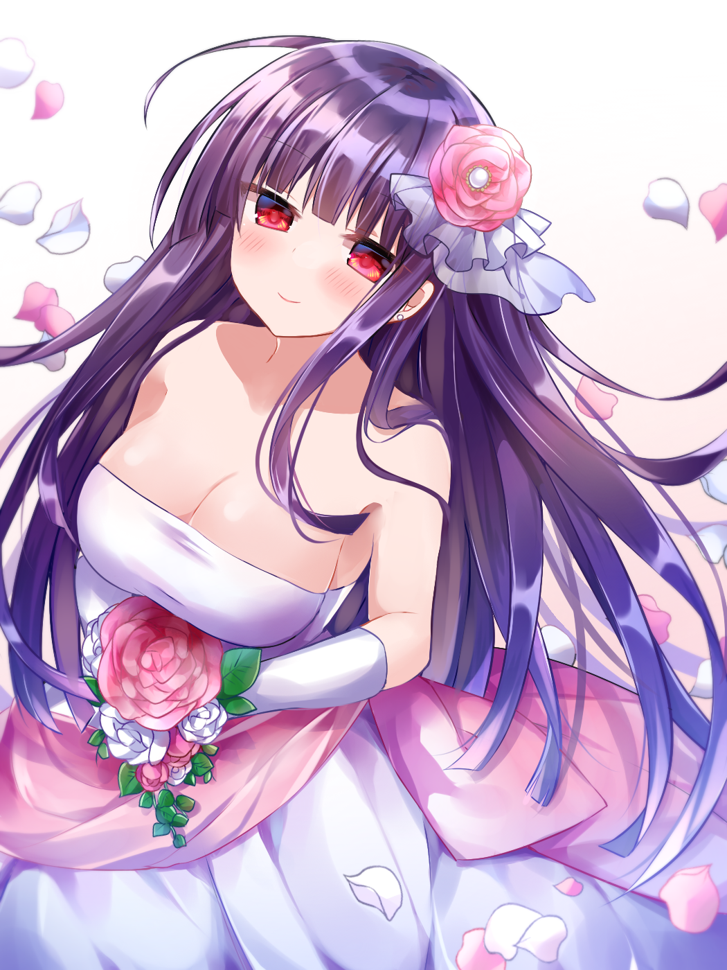 1girl asagami_fujino bangs bare_shoulders blush bouquet breasts bride cleavage closed_mouth commentary_request dress earrings elbow_gloves eyebrows_visible_through_hair flower gloves hair_flower hair_ornament highres holding holding_bouquet jewelry kara_no_kyoukai long_hair looking_at_viewer ohitashi_netsurou petals purple_hair red_eyes shiny shiny_hair simple_background sleeveless sleeveless_dress smile solo strapless strapless_dress wedding_dress white_dress