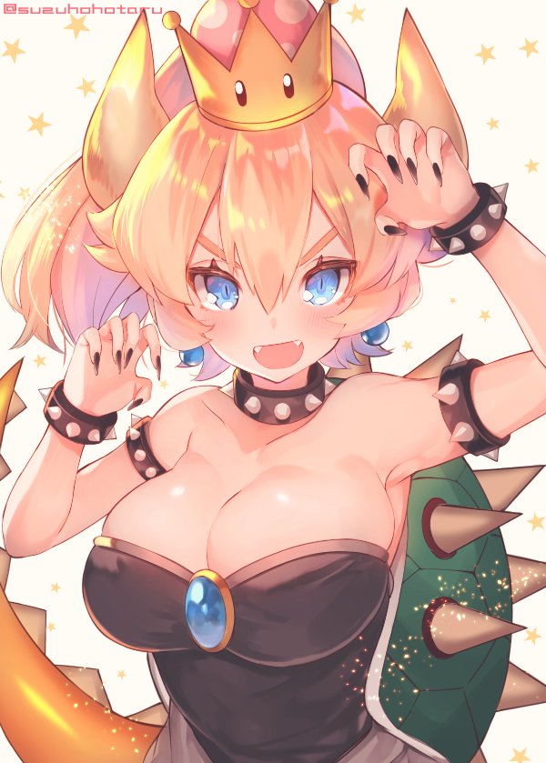 1girl armpits bare_shoulders black_dress blonde_hair blue_eyes bowsette bracelet breasts cleavage collar dress earrings fangs fingernails genderswap genderswap_(mtf) horns jewelry large_breasts long_fingernails super_mario_bros. nail_polish new_super_mario_bros._u_deluxe nintendo ponytail shell solo spiked_armlet spiked_bracelet spiked_collar spiked_tail spikes star starry_background strapless strapless_dress super_crown super_mario_bros. suzuho_hotaru thick_eyebrows twitter_username upper_body v-shaped_eyebrows