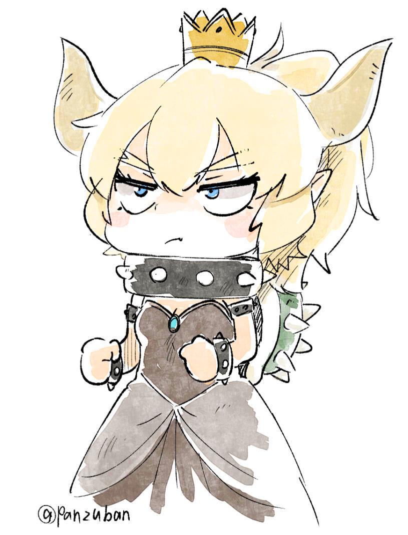 1girl :/ blue_eyes bowser bowsette bracelet chibi clenched_hands collar commentary_request dress eyebrows_visible_through_hair fang genderswap genderswap_(mtf) horns jewelry super_mario_bros. new_super_mario_bros._u_deluxe nintendo panzuban pout simple_background solo spiked_bracelet spiked_collar spikes super_crown turtle_shell twitter_username v-shaped_eyebrows white_background