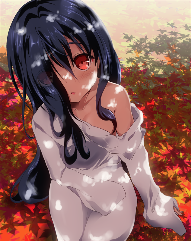 1girl autumn_leaves azumawari_(azumofu) bangs black_hair blush breasts collarbone commentary_request day dress eyebrows_visible_through_hair eyes_visible_through_hair hat_over_one_eye long_hair long_sleeves looking_at_viewer medium_breasts off_shoulder outdoors parted_lips sitting sleeves_past_fingers sleeves_past_wrists solo the_ring very_long_hair white_dress yamamura_sadako