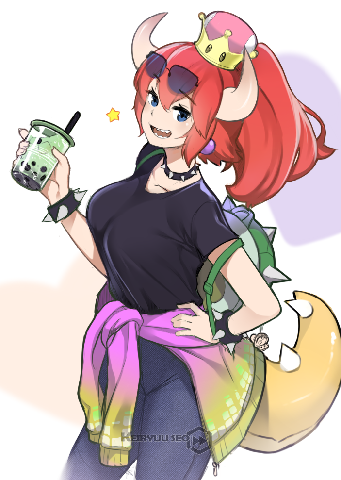 1girl backpack bag blue_eyes bowsette bracelet breasts bubble_tea casual clothes_around_waist collar contemporary crown cup denim eyewear_on_head fang_out hand_on_hip holding holding_cup horns jeans jewelry looking_at_viewer super_mario_bros. new_super_mario_bros._u_deluxe nintendo paavuchi pants ponytail redhead shirt simple_background solo spiked_bracelet spiked_collar spikes sunglasses super_crown t-shirt tail