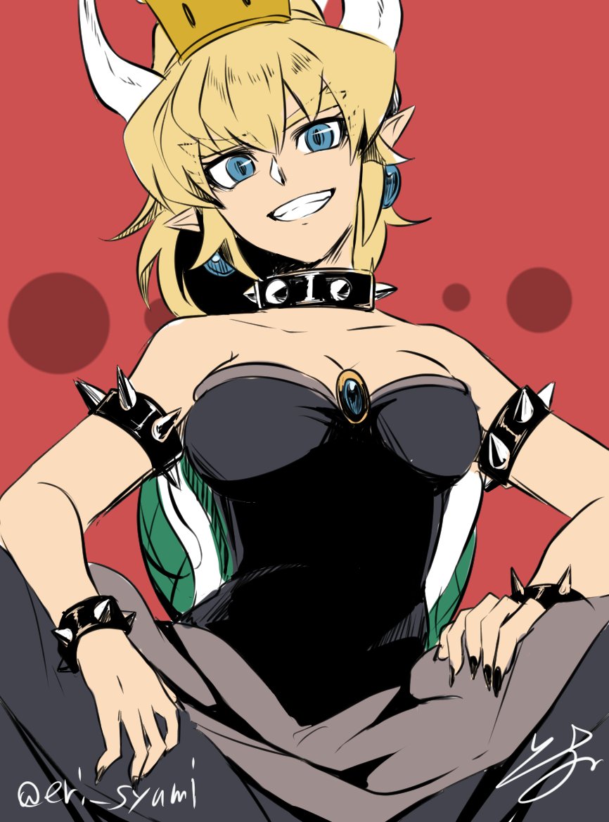 1girl :d bare_shoulders black_dress black_nails blonde_hair blue_eyes bowsette bracelet breasts cleavage collar crown dress earrings eyebrows_visible_through_hair fingernails head_tilt horns isuka jewelry large_breasts looking_at_viewer super_mario_bros. nail_polish nintendo open_mouth pointy_ears red_background sitting smile solo spiked_bracelet spiked_collar spikes strapless strapless_dress super_crown twitter_username