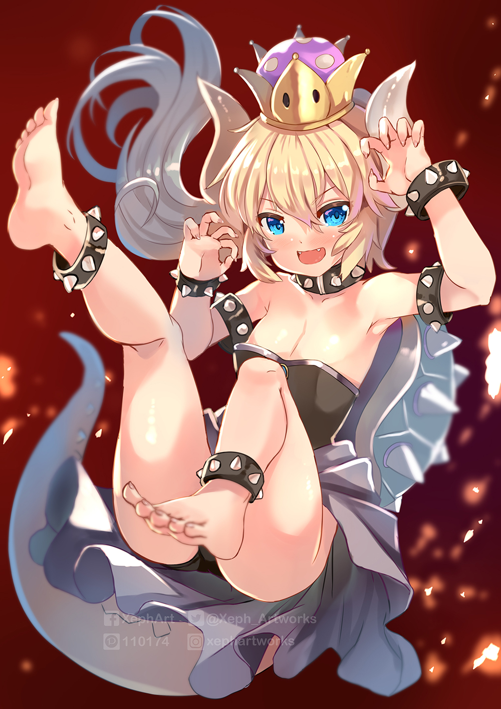 :d arm_up ass bangs barefoot black_legwear blonde_hair blue_eyes blurry blurry_background blush bowsette bracelet breasts cleavage collar collarbone commentary_request crown depth_of_field eyebrows_visible_through_hair fangs fingernails genderswap genderswap_(mtf) hair_between_eyes hand_up highres horns jewelry leotard long_hair super_mario_bros. medium_breasts mini_crown new_super_mario_bros._u_deluxe nintendo open_mouth smile spiked_bracelet spiked_collar spiked_tail spikes strapless strapless_leotard super_crown tail v-shaped_eyebrows very_long_hair watermark web_address xephonia